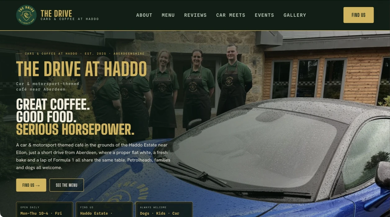 Screenshot of The Drive at Haddo website, showing its navigation and café homepage
