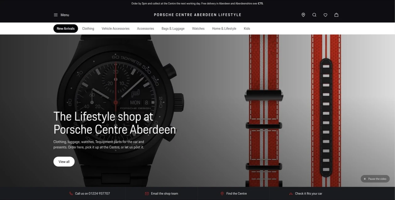 Porsche Aberdeen lifestyle storefront, showing navigation and the shopping homepage