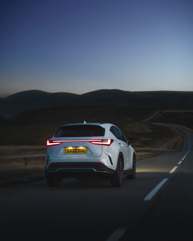 White Lexus on a winding road at dusk