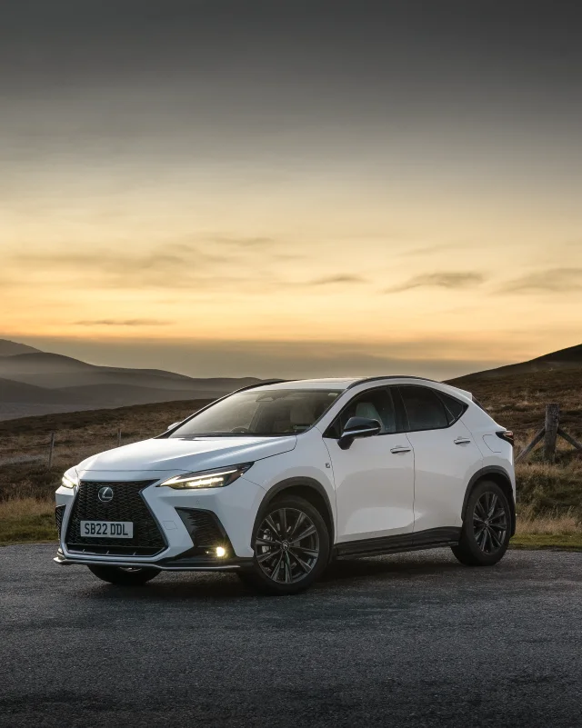 White Lexus photographed at sunset in the Cairngorms