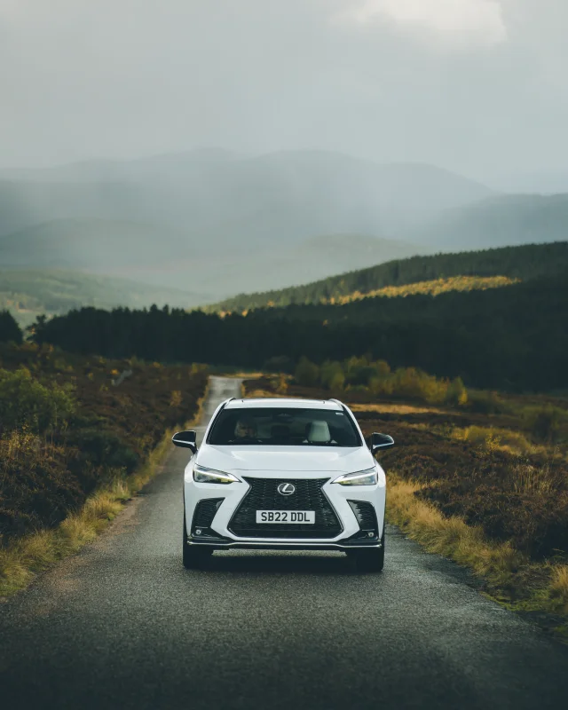 White Lexus on a quiet road through the hills