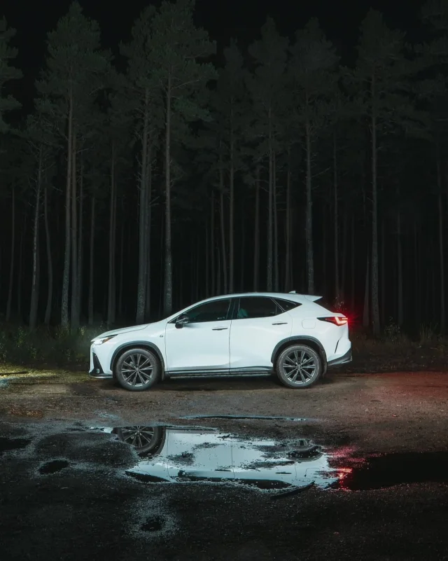 White Lexus reflected in water beside a forest